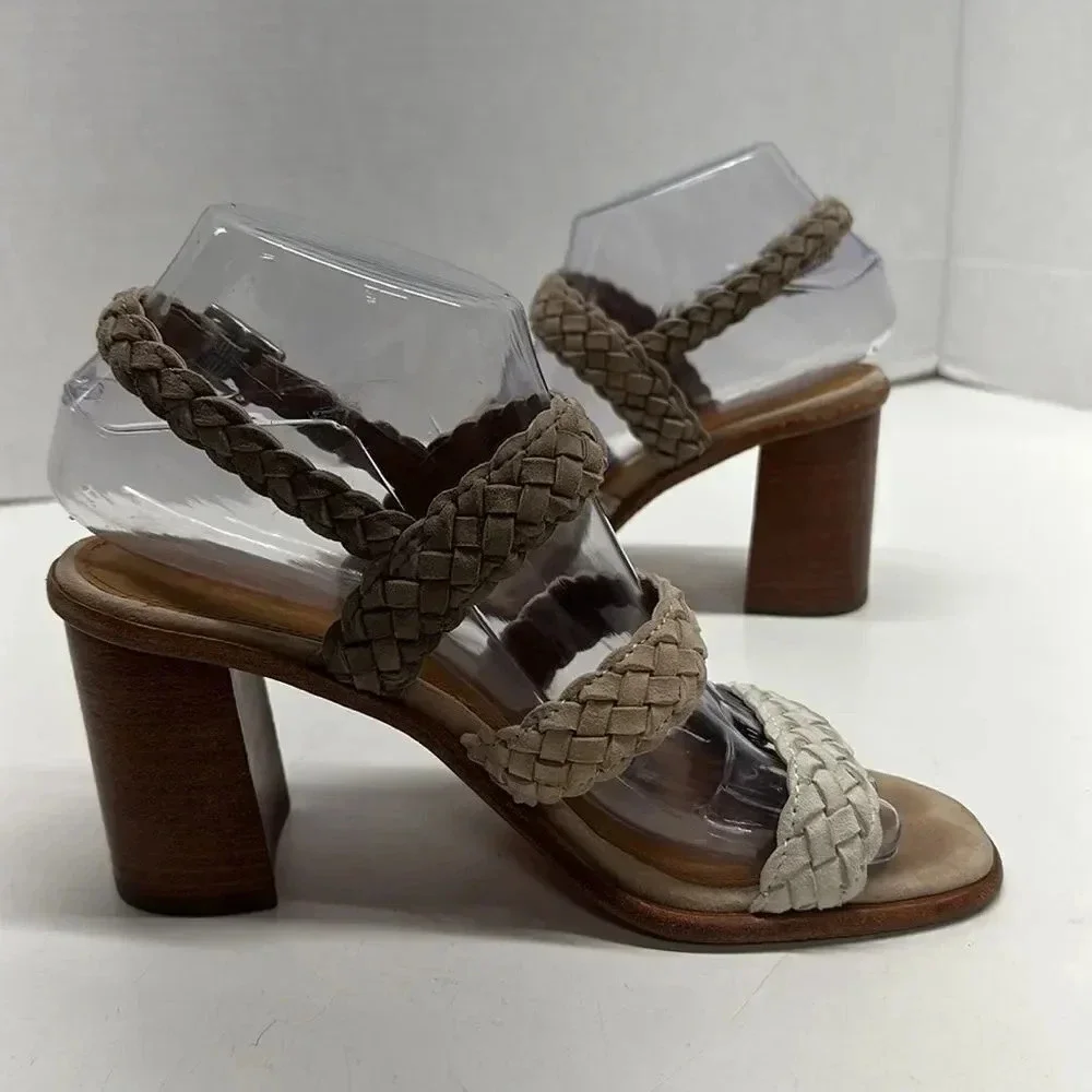 Frye Amy Braided High Heel Open Toe Sandals Shoes in Camel Multi Color Size 6.5